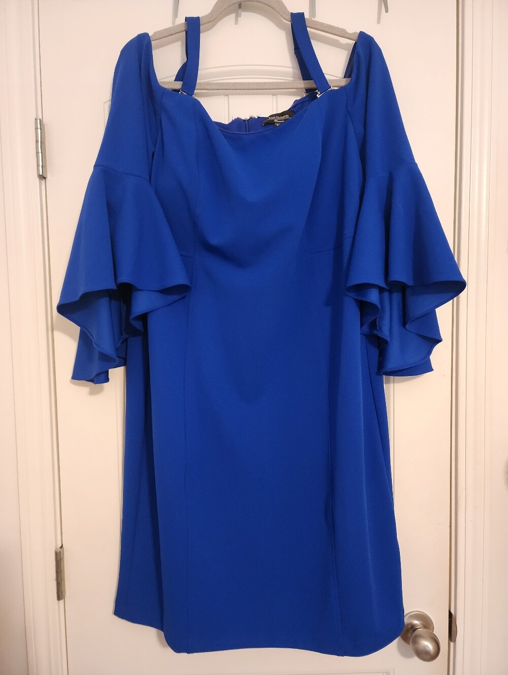 R&M Richards 16W Royal Blue Slim Straps Off Shoulder Flutter Sleeve Dress Event
